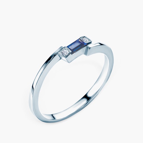 Pierścionek zaręczynowy SAVICKI: białe złoto, niebieski szafir, diamenty